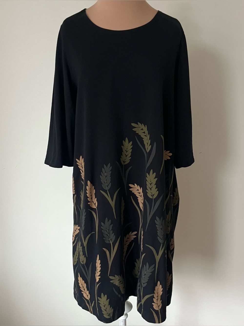 Gudrun Sjödén Leaf Plant Print Lagenlook Cotton Side Pockets Black Dress Size S